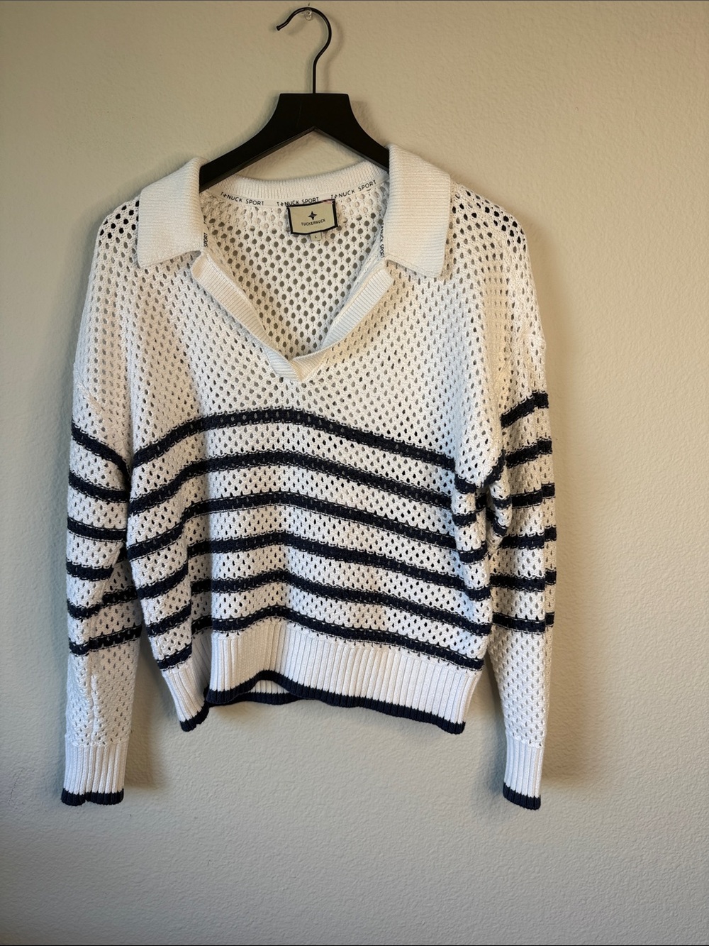 Tuckernuck White and Navy Striped Polo Sweater